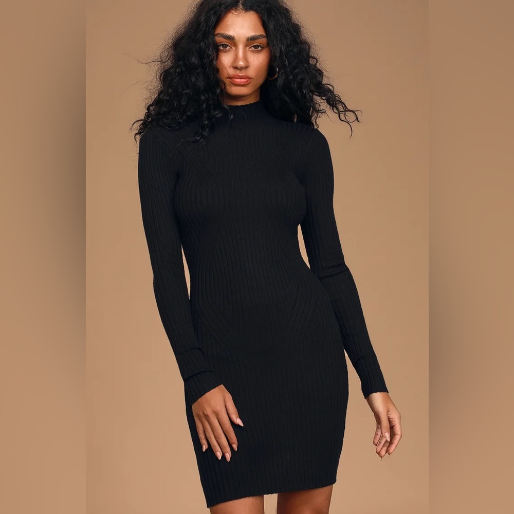 Lulus Snug As Can Be Black Ribbed Mock Neck Sweater Dress